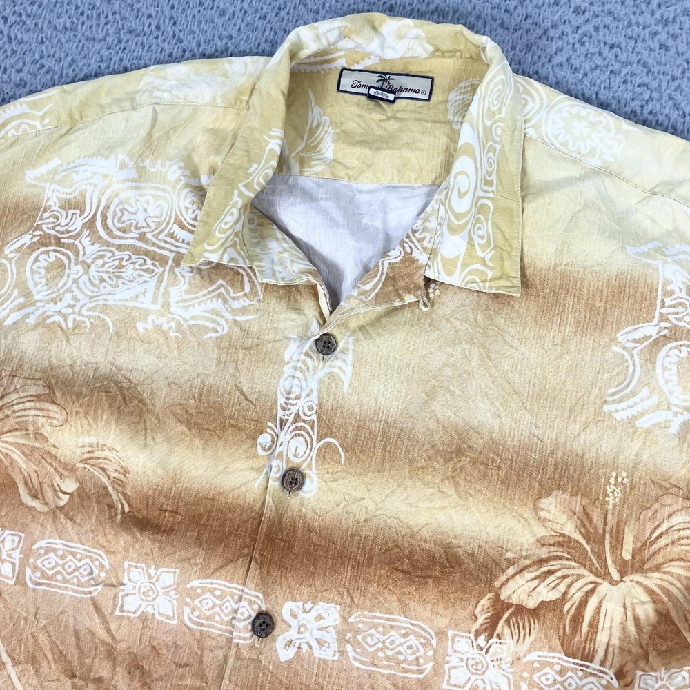 Tommy Bahama Shirt Mens XL Brown‎ Silk Hawaiian Tiki Floral Button Front Camp